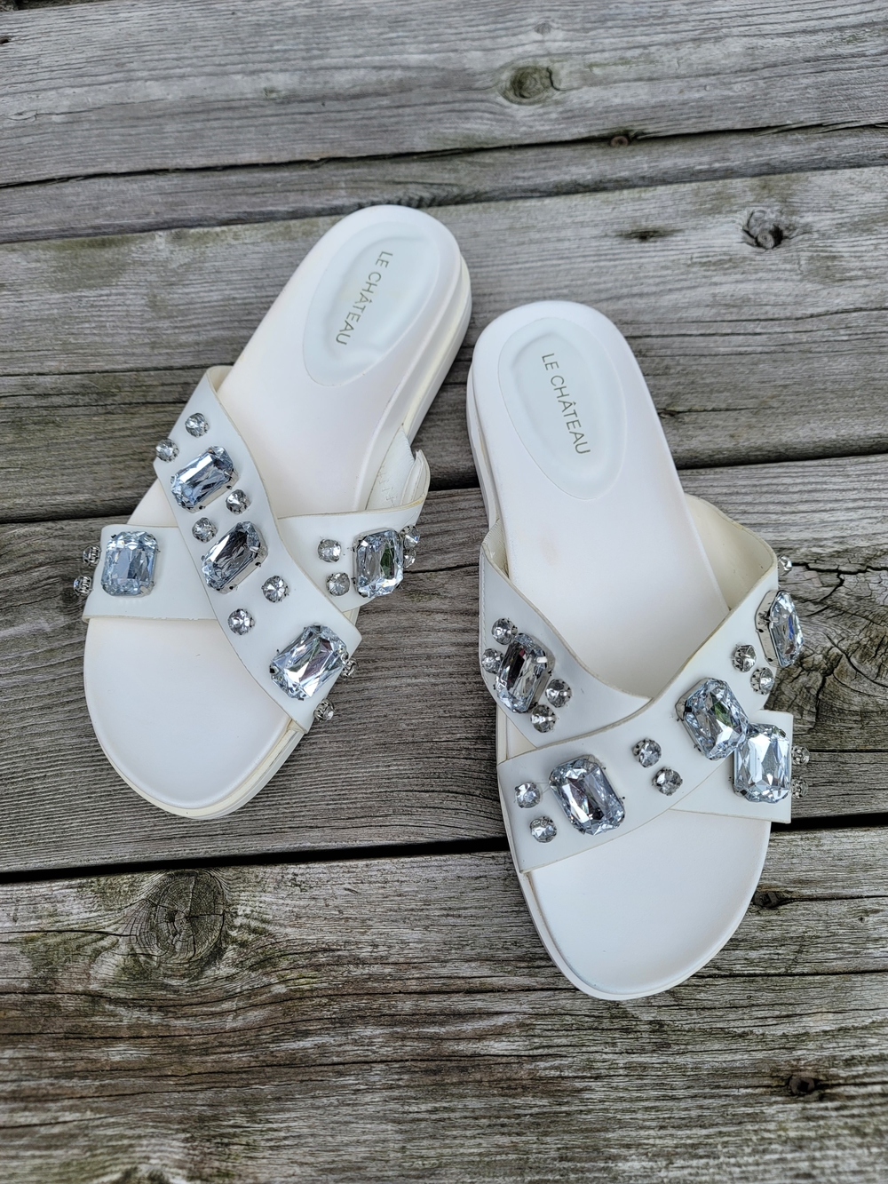 le chateau White Jeweled Crisscross Slide Sandals